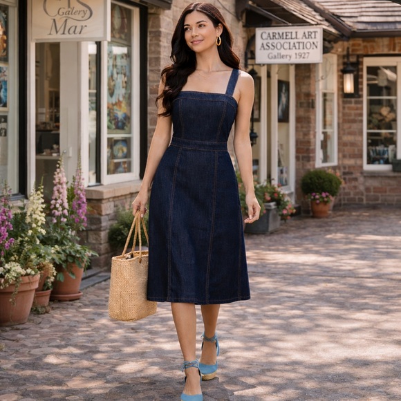 Ann Taylor Factory Denim Midi Dress Dark Wash Sleeveless Fit & Flare Size 0 - Picture 3 of 10